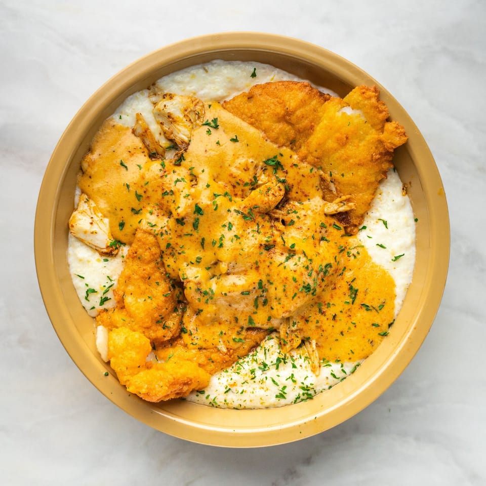 LuLu's Express fried fish and shrimp with creamy grits, topped with orange sauce and parsley.